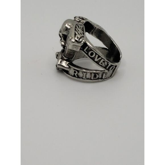 Skull And Motorcycle Engine Biker Ring Love To Ride Size 9 - Picture 3 of 7